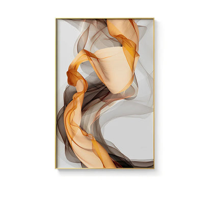 Three-piece abstract canvas painting set with yellow grey design in solid wood frame on white wall