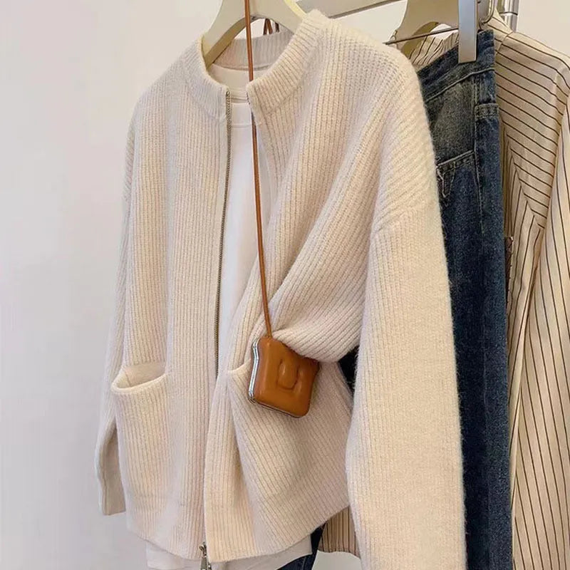 Long-sleeve viscose fibre sweater coat in beige, grey, black, or khaki, showing cardigan style and size options