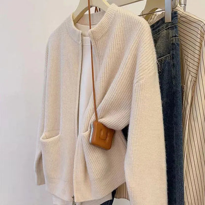 Long-sleeve viscose fibre sweater coat in beige, grey, black, or khaki, showing cardigan style and size options