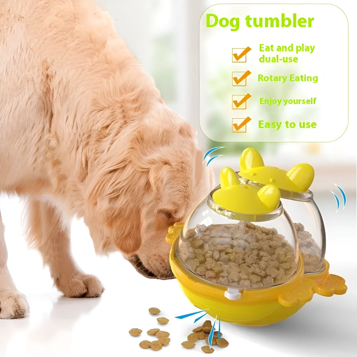 Yellow TPR dog leakage feeder puzzle toy for slow feeding, shown next to lake blue version.