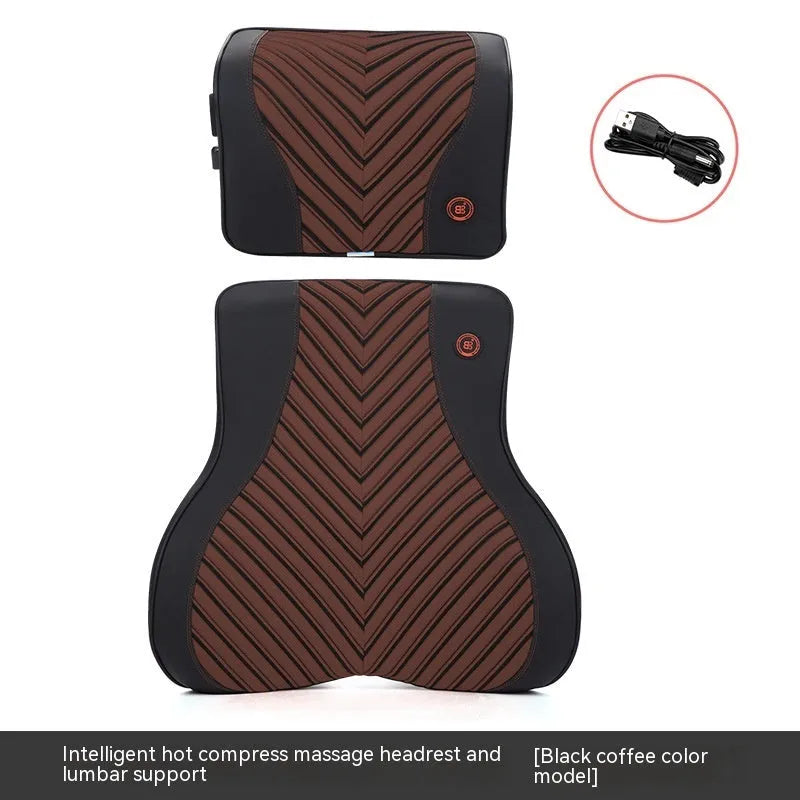 Black and orange electric massage heating car headrest and lumbar support cushion on a vehicle seat.