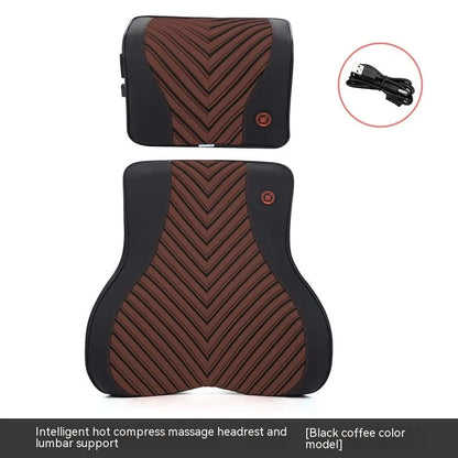 Black and orange electric massage heating car headrest and lumbar support cushion on a vehicle seat.