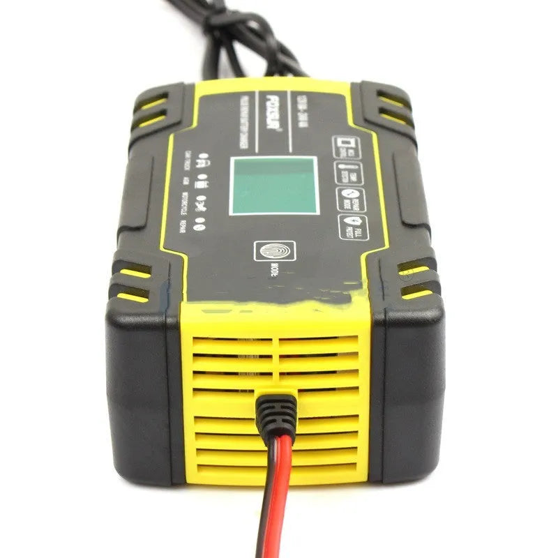 Battery charger with screen display showing charging parameters for 12V and 24V lead-acid batteries