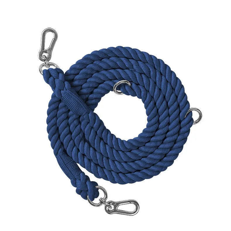 Woven rainbow pattern dog leash with double grip handles and a metal clasp.