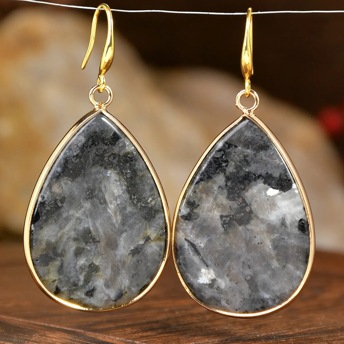 Women's retro natural stone drop earrings showing amethyst and green aventurine colour options on electroplated settings.