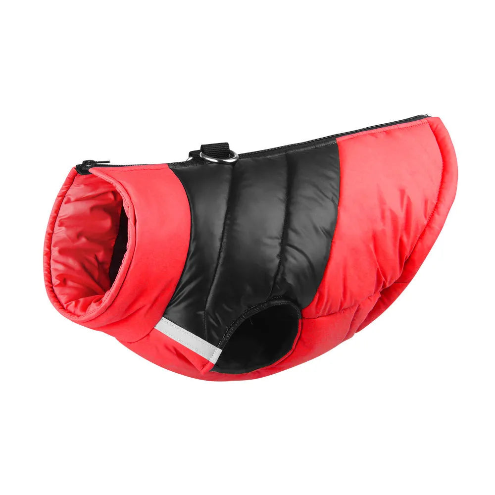 Waterproof padded dog winter jacket with zipper, shown in red on a medium-sized dog.