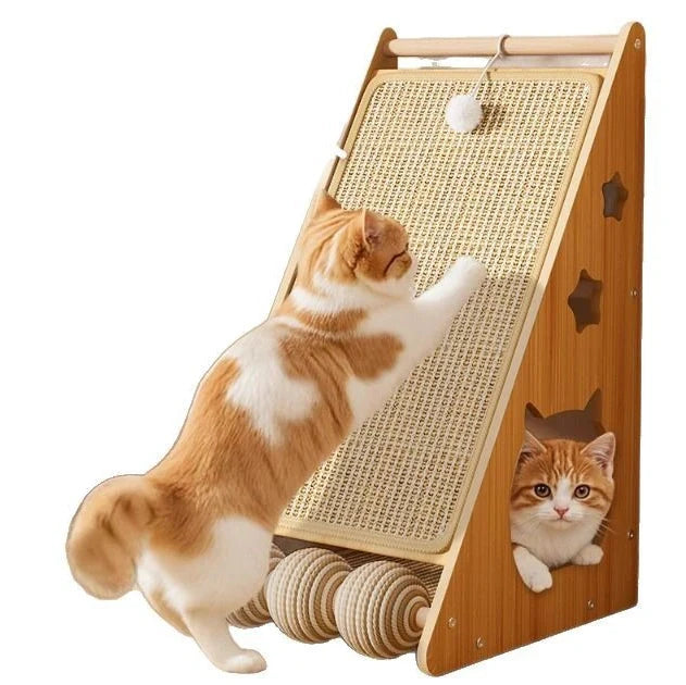 Vertical wall-mounted cat scratch board with sisal surface and integrated ball toy