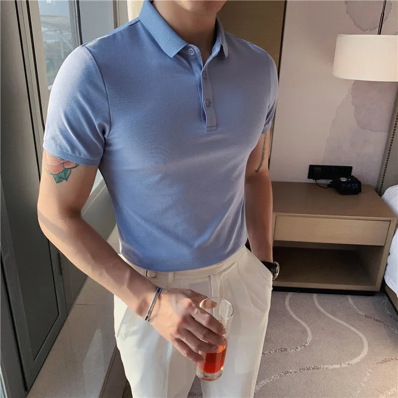 Solid colour cotton blend polo shirt with lapel collar and short sleeves in Korean style fit