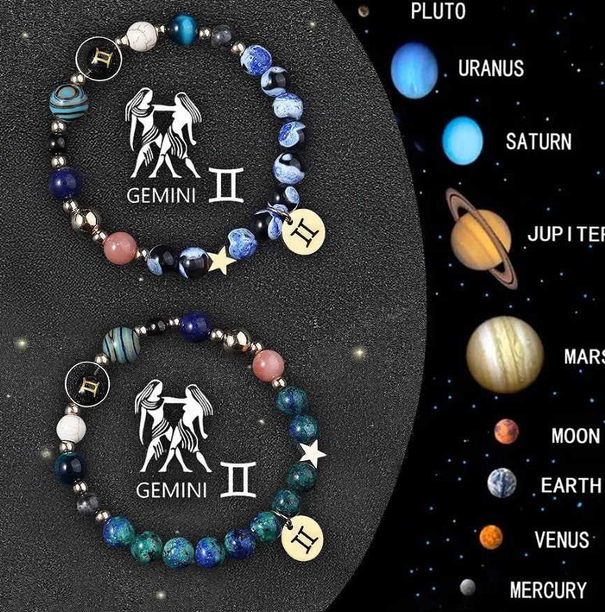 Twelve Zodiac Sign beaded bracelet set with natural stone beads and adjustable closure on wrist