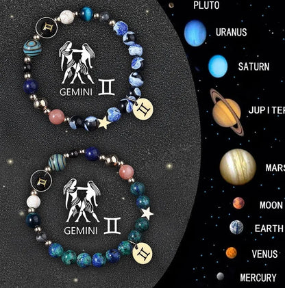 Twelve Zodiac Sign beaded bracelet set with natural stone beads and adjustable closure on wrist