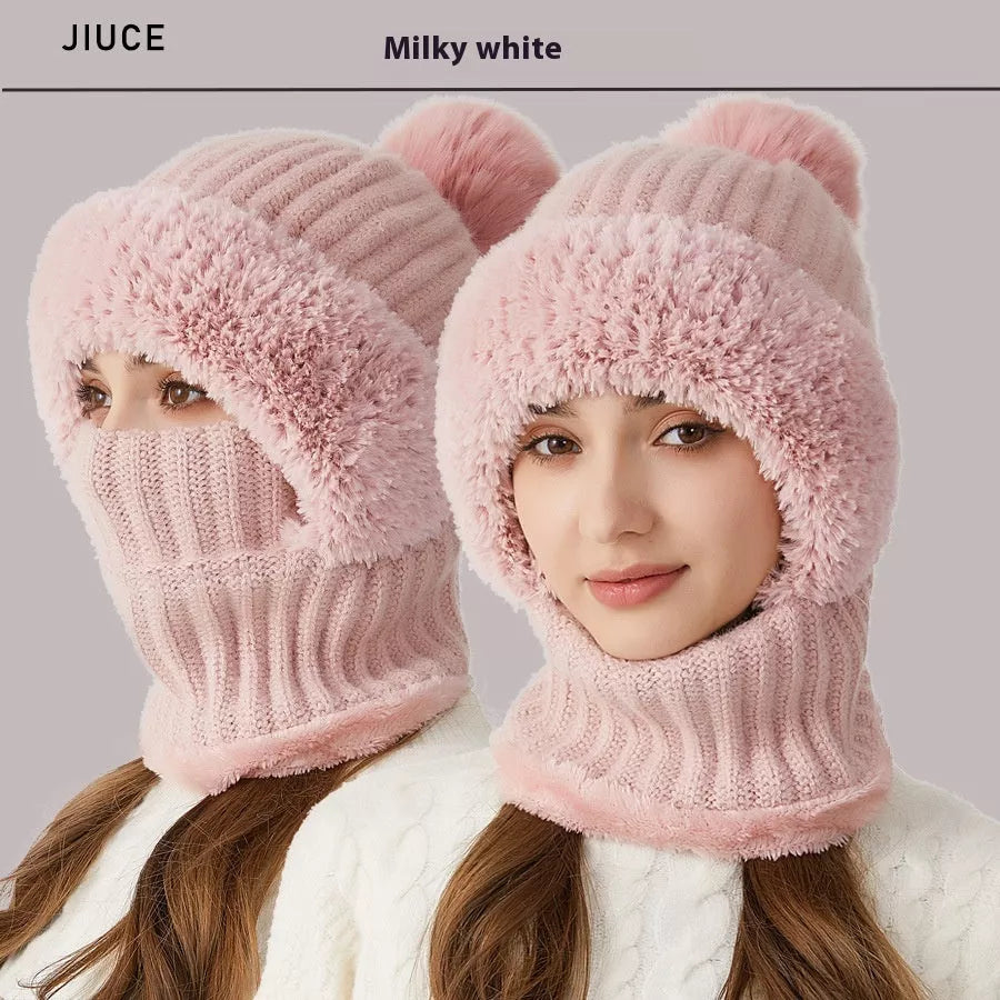 High elastic solid color knitted hat scarf mask one-piece for women in six colors