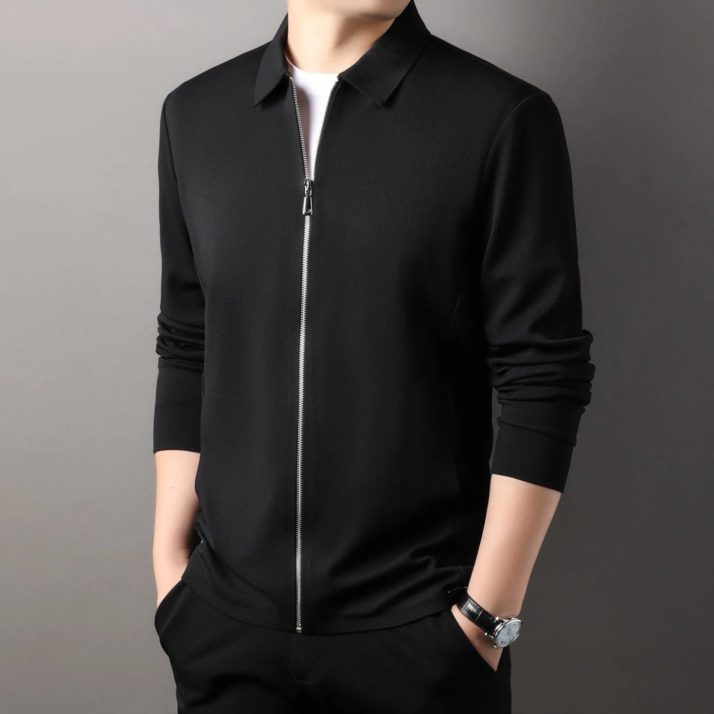 Men's jacket in black, dark grey, or apricot with straight hem and regular sleeves, showing size options from M to 3XL.