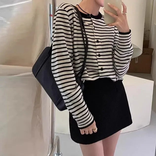 Women's dark grey cardigan with white stripes, 40cm length, free size slim fit, viscose spandex blend
