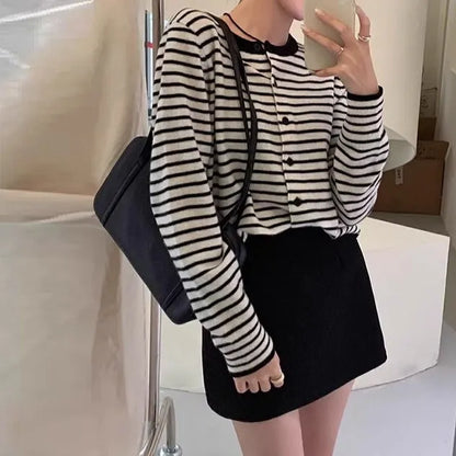 Women's dark grey cardigan with white stripes, 40cm length, free size slim fit, viscose spandex blend