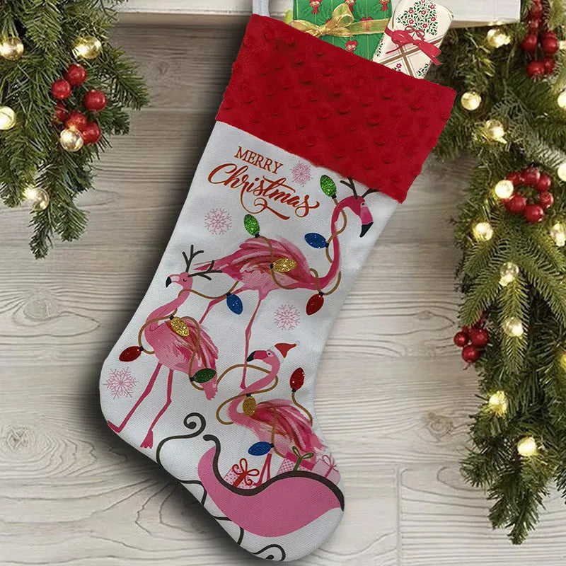 Flamingo Christmas stockings measuring 46cm by 28cm in cloth material with hanging loop