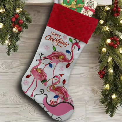 Flamingo Christmas stockings measuring 46cm by 28cm in cloth material with hanging loop
