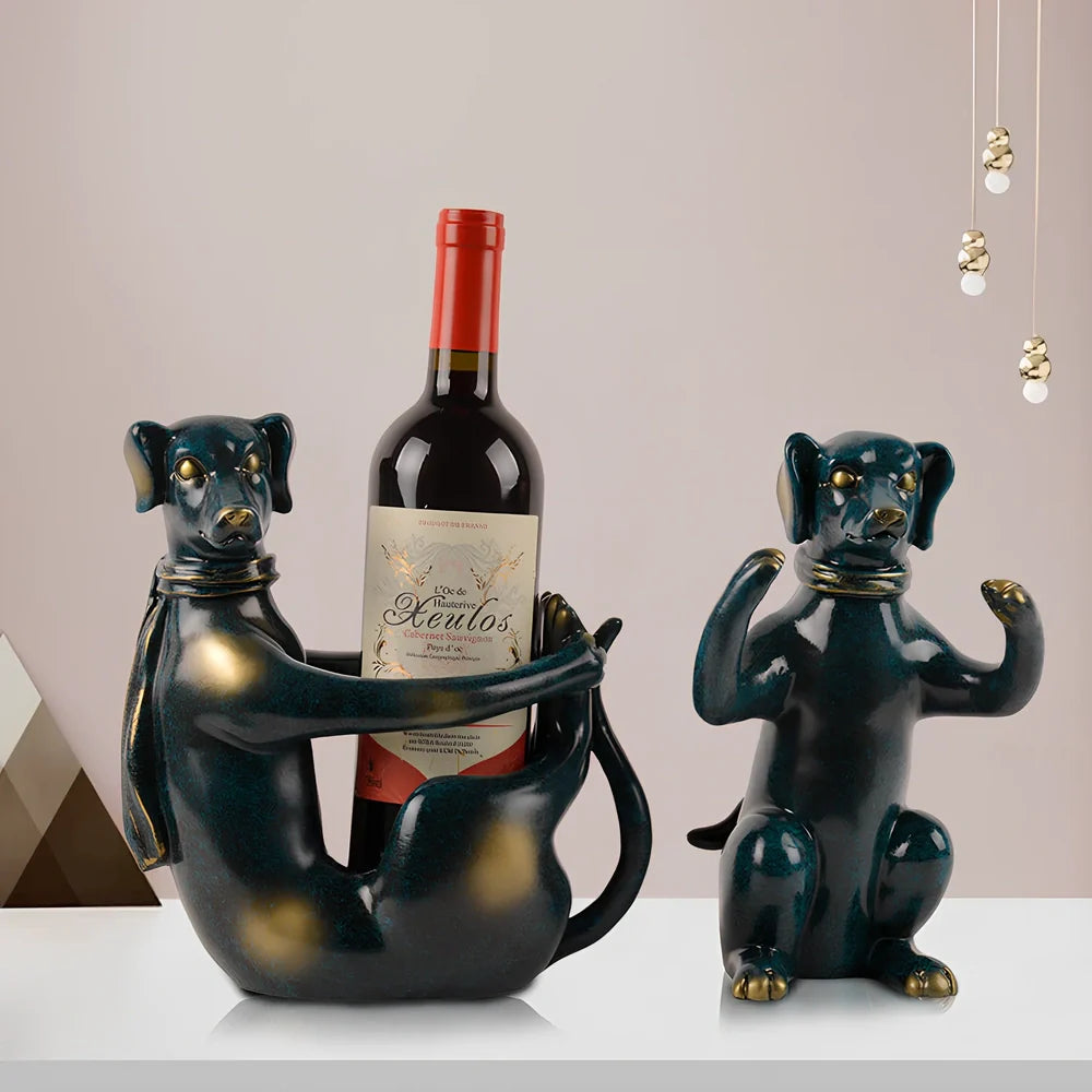 Handcrafted resin dog wine rack in sitting and squatting positions for bottle storage