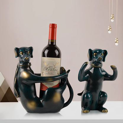 Handcrafted resin dog wine rack in sitting and squatting positions for bottle storage