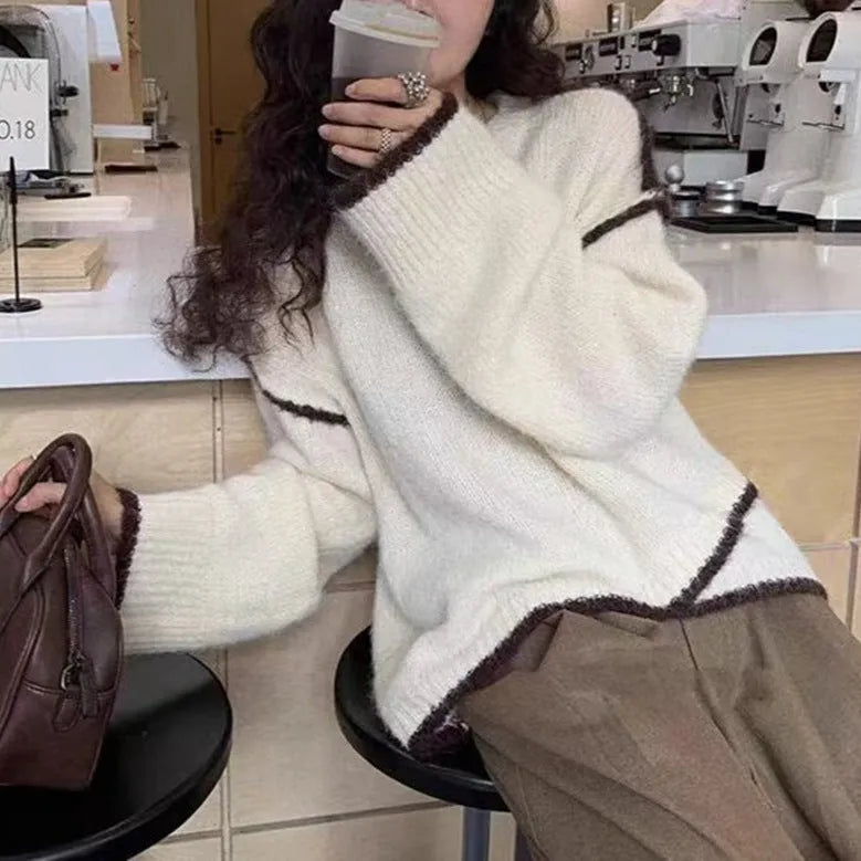 Women's loose cotton pullover sweater in gray or milky white with regular sleeves, free size