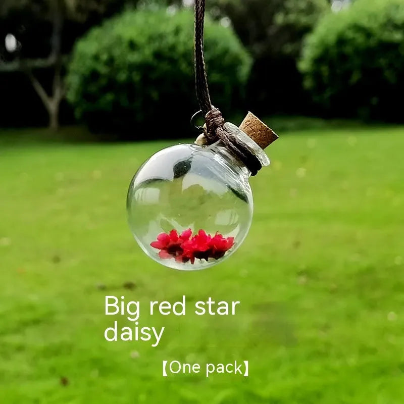 Glass fire extinguisher-shaped car perfume pendant with preserved flowers inside