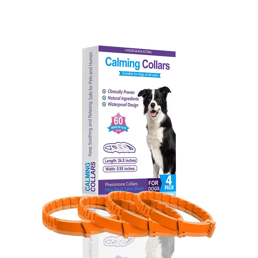 Four dog anxiety relief collars in different colours with 62cm adjustable TPR construction for calming support