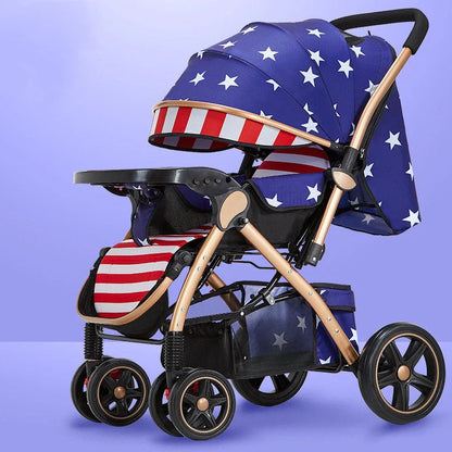 Baby stroller with reversible seat in sky blue colour showing folded and unfolded configurations