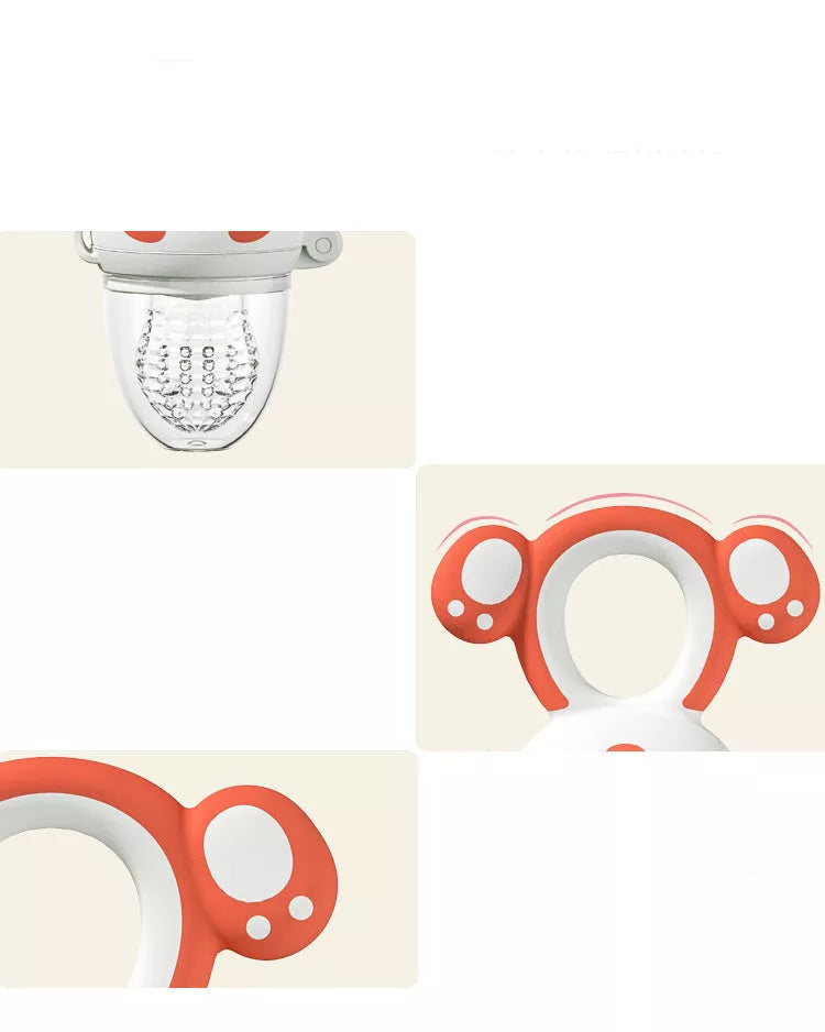 Dual-purpose baby food feeder in blue and red for safe fruit and vegetable introduction