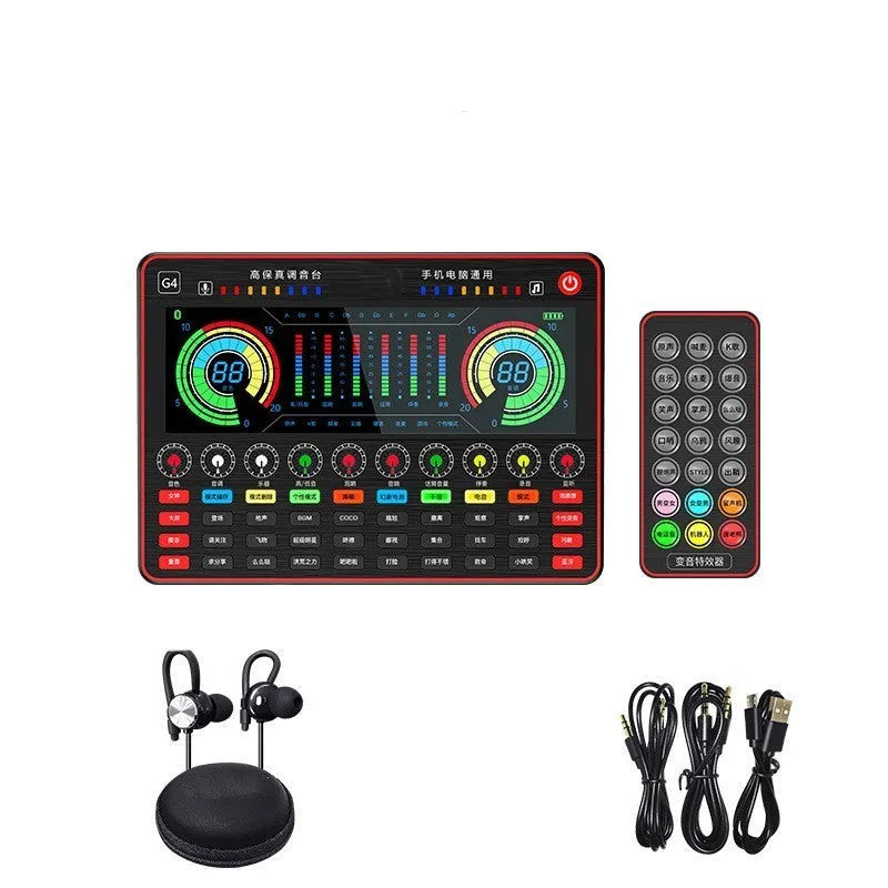 Professional G4 sound card set with capacitance microphone, LCD display and audio cables for live broadcast applications