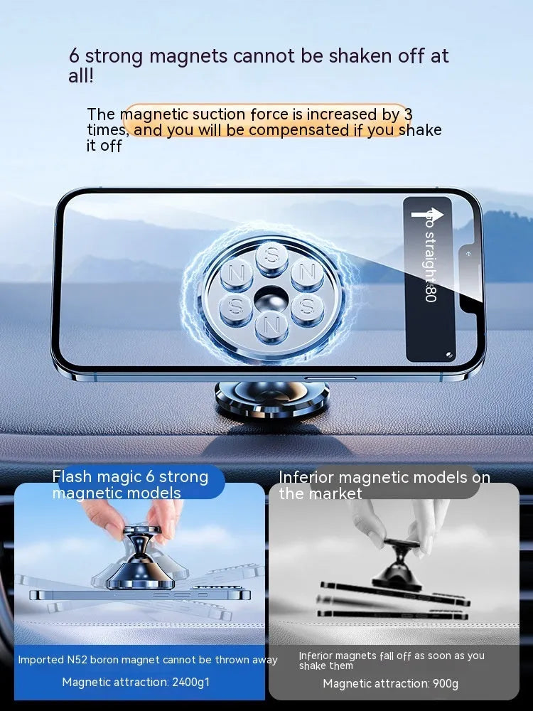 Shiny black magnetic car phone holder with alloy cradle mounted on a car dashboard.