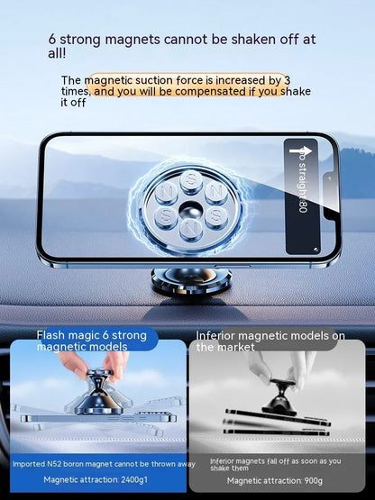 Shiny black magnetic car phone holder with alloy cradle mounted on a car dashboard.
