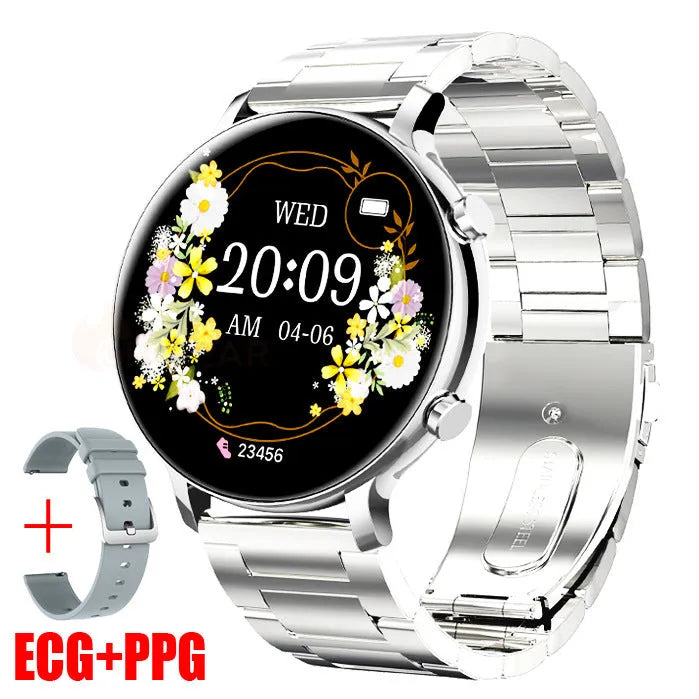 Bluetooth smartwatch with stainless steel strap showing heart rate monitoring display