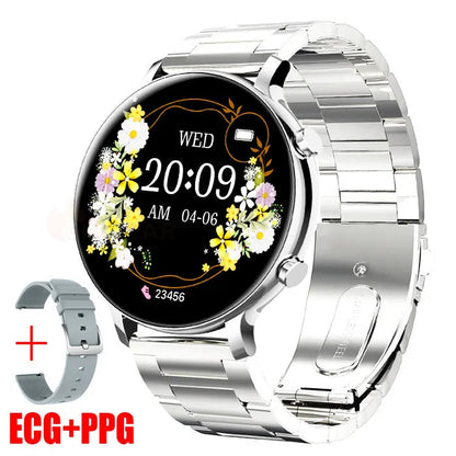 Bluetooth smartwatch with stainless steel strap showing heart rate monitoring display