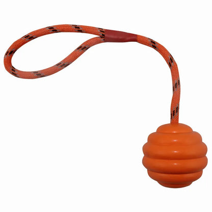 Rubber dog chew toy ball in assorted colours showing 6cm diameter and 30cm length