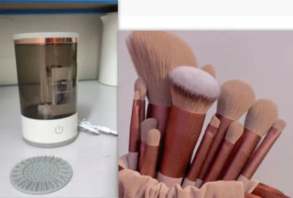 Grey and white portable electric makeup brush cleaner with USB charging cable.