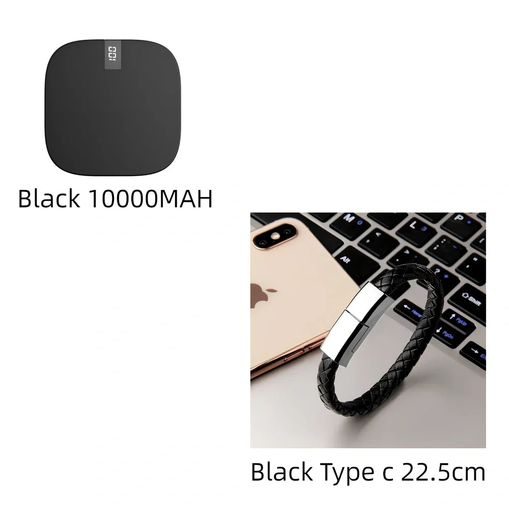 Red 10000 mAh mini power bank with digital display showing battery percentage, measuring 90x64x24mm