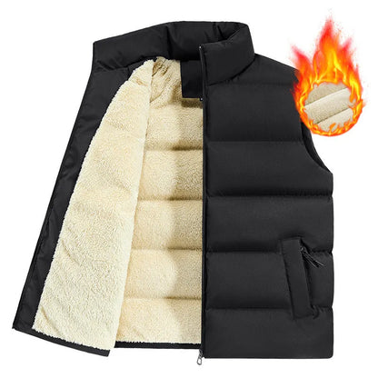 Man wearing a black and white stripe lambswool vest jumper for winter.