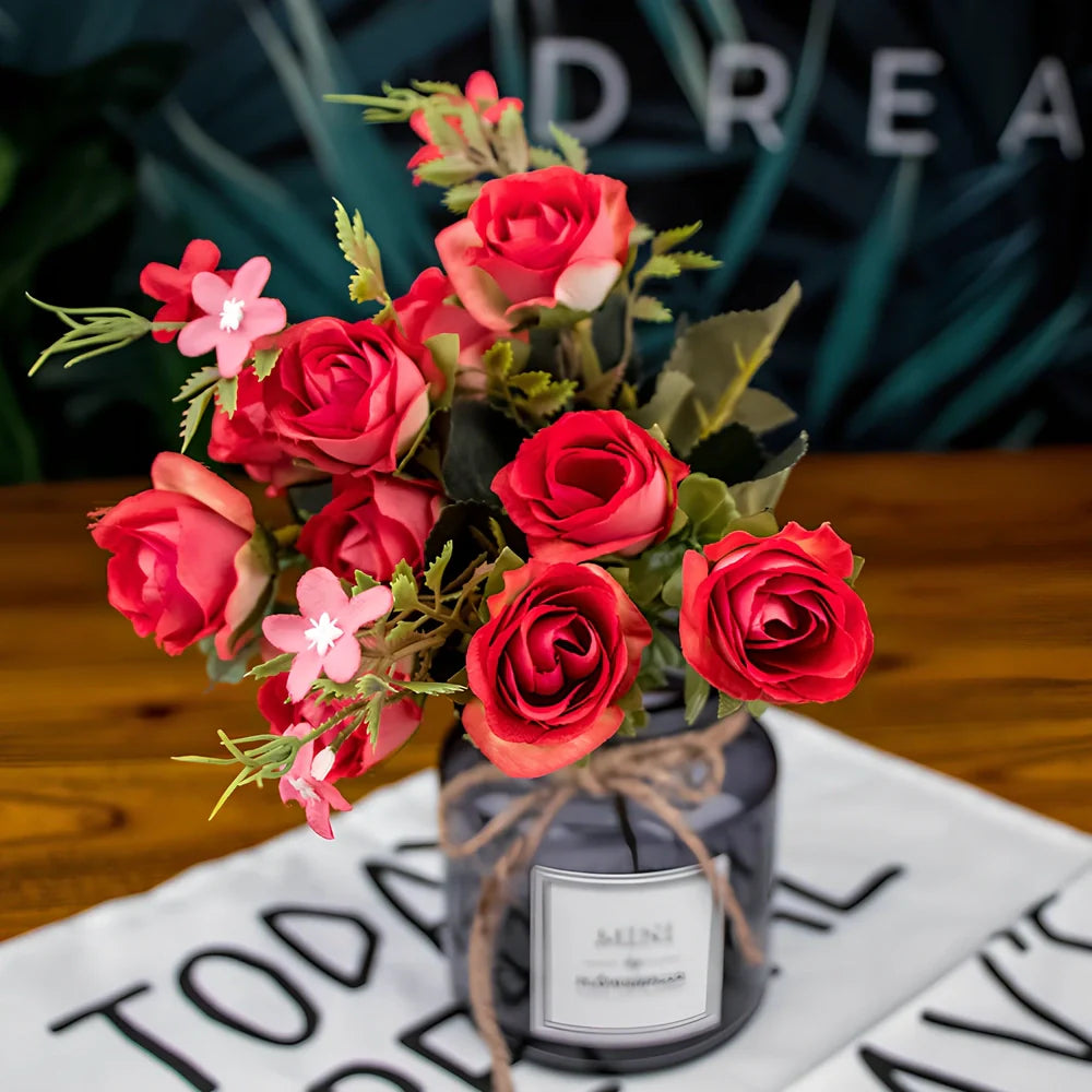 Artificial silk flower bouquet in seven colours with semi-manual construction