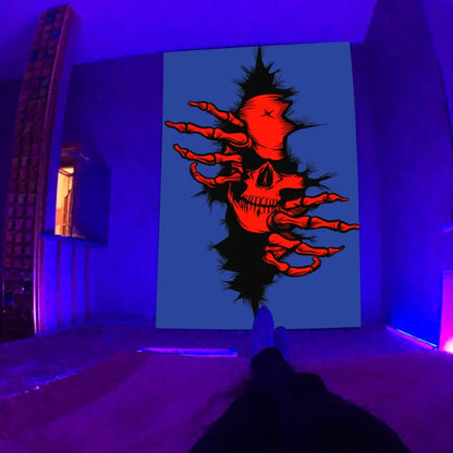 Fluorescent tapestry with psychedelic mushroom pattern glowing under UV light, measuring 150x130cm