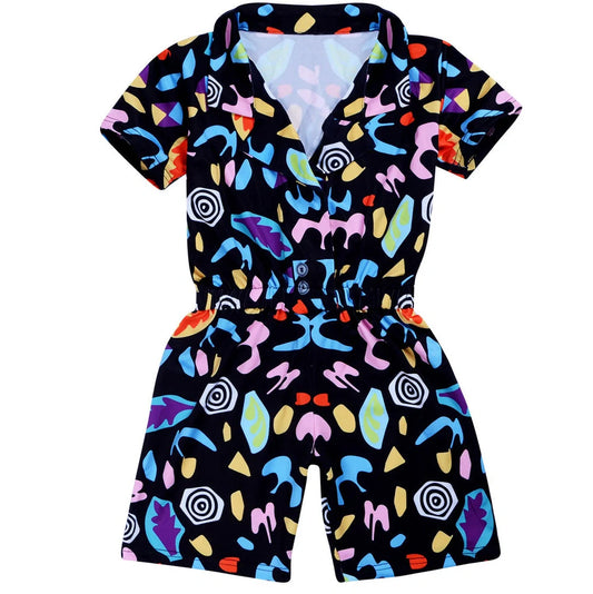 Girls' black cotton jumpsuit with cartoon pattern and short sleeves, shown on hanger