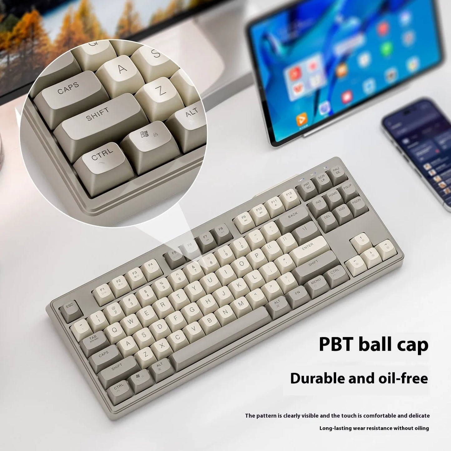 Wolf M87 wireless Bluetooth dual-mode mechanical feeling keyboard in blueberry colour on a desk