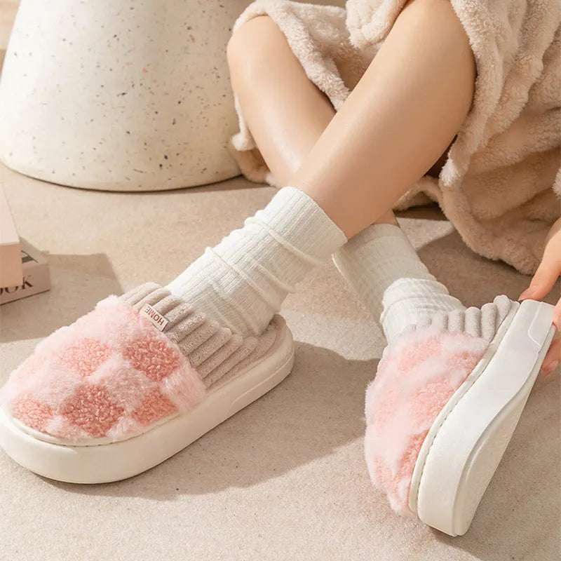 Women's plaid plush slippers indoor house shoes with thick non-slip soft sole, warm winter slippers with coral velvet upper, available in coffee, green, grey, pink, white colours for autumn and winter wear