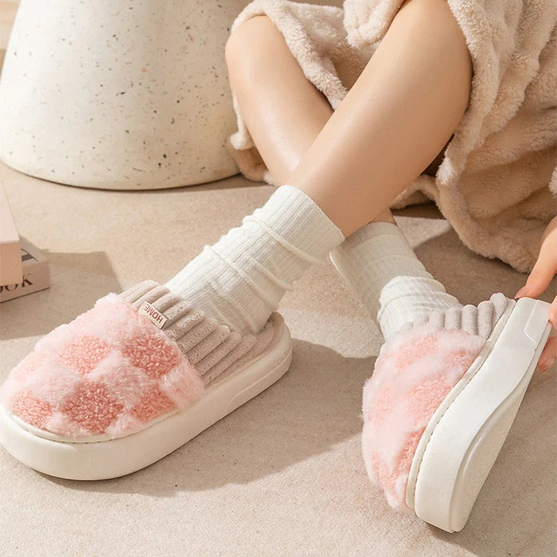 Women's plaid plush slippers with soft sole and non-slip design in various colors