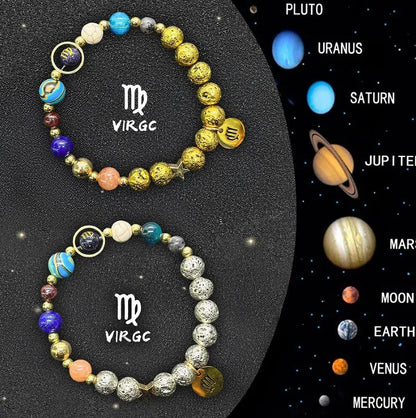 Two adjustable beaded bracelets with zodiac signs on natural stone beads, length 18-22cm
