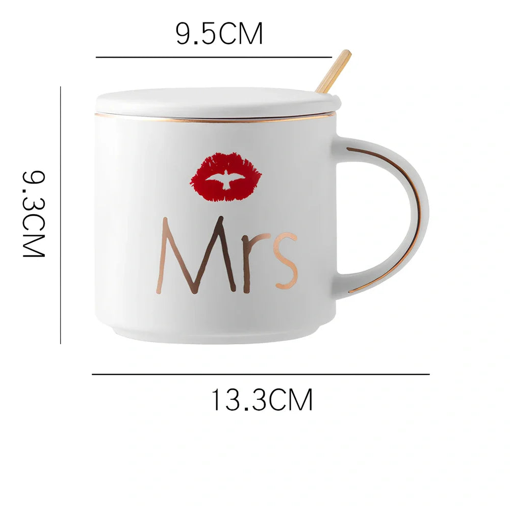 White ceramic mug with matte glaze and high-temperature decal design, matching lid, 450ml capacity