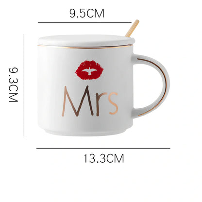 White ceramic mug with matte glaze and high-temperature decal design, matching lid, 450ml capacity