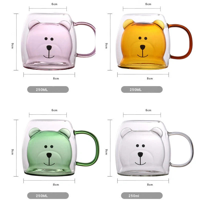 Creative Bear Double Coffee Milk Glass Cup for Kids in four colors: transparent, pink, lake green, and amber