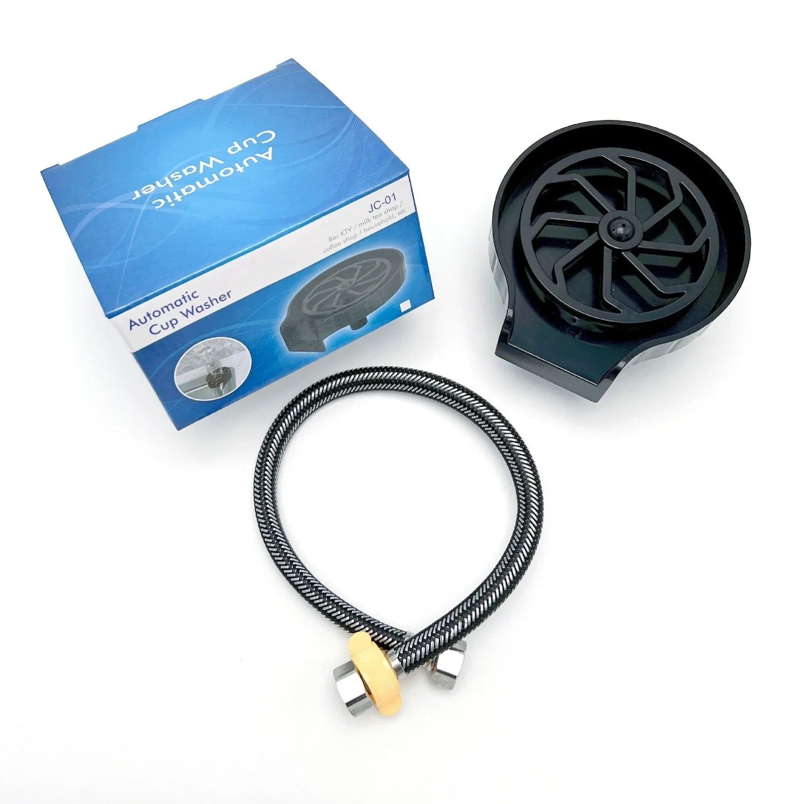 Embedded bar counter cup washer with seven stainless steel nozzles in black ABS housing