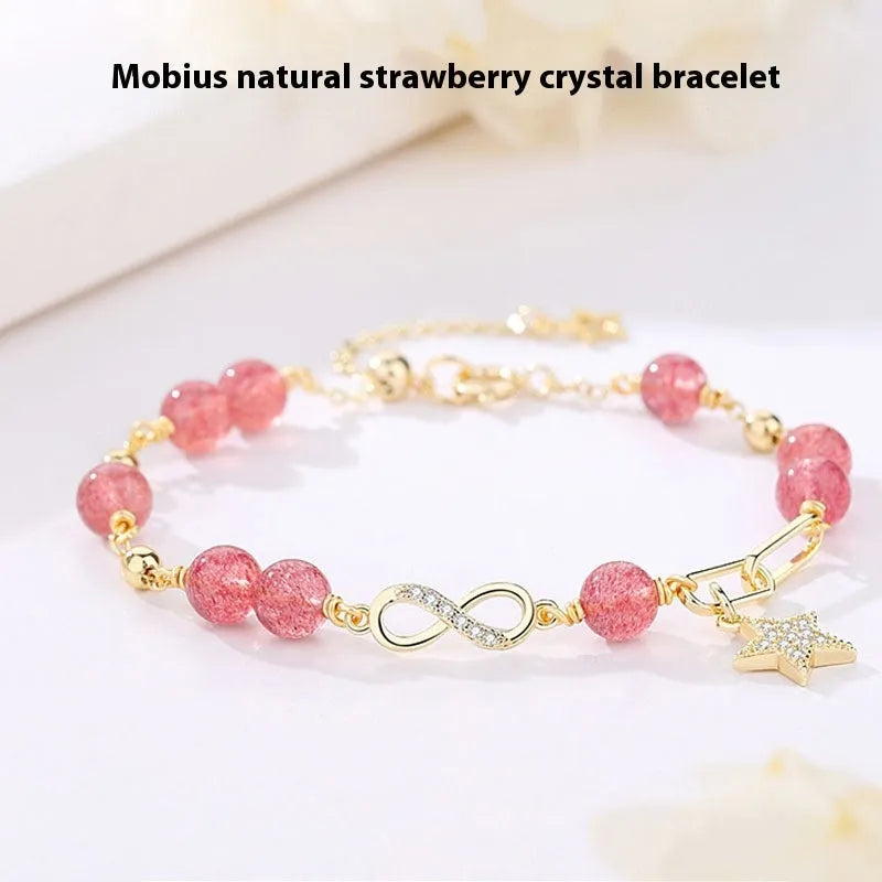 Women's mobius loop bracelet made with natural grey moonstone, strawberry quartz, or citrine crystal beads in a constellation design.