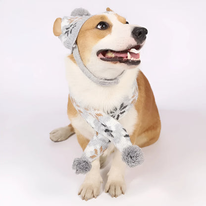 Grey Japanese-style retro jacquard pet sweater, hat and scarf set on a small dog model.