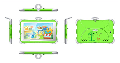 A 7-inch children's learning tablet in a cartoon colour, shown with its stand, charger, and cable.